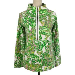 Lilly Pulitzer Women Small Sweatshirt Quarter Zip Pullover Green Floral‎ Print